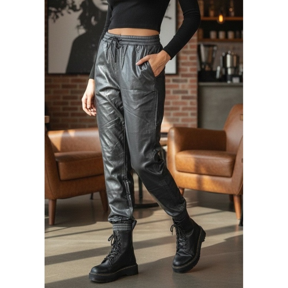 ZARA Women's Black‎ Faux Leather Jogger Pants Elastic Waist Drawstring Size M